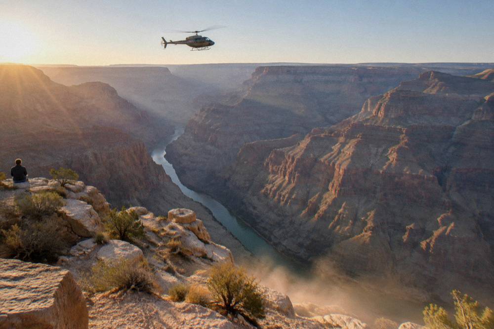 A helicopter flying above a wide canyon with the river visible far below